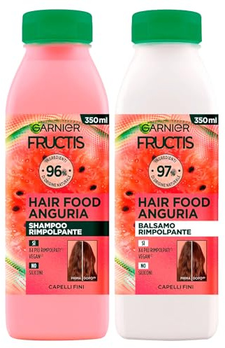 Garnier Fructis Shampoo e Balsamo Hair Food Anguria Rimpolpante Nutriente Districante per Capelli Fini con Ingredienti di Origine Naturale - 2 Flaconi da 350ml