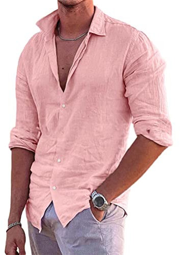 Onsoyours Chemise Homme en Lin Casual Manches Longues Shirt Ample Fit Col V Tops Décontracté Confortable Respirant Henley Chemise Blouse Tunique Z3 Rose L