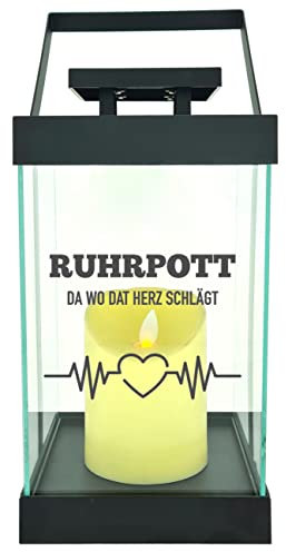 WB wohn trends Edle Glas-Laterne mit LED-Kerze, Ruhrpott da wo dat Herz schlägt, Timer, 35cm hoch mit Bügel, 24,5x13x13cm, Batterie LED-Licht LED-Laterne LED-Lampe mit Text Spruch