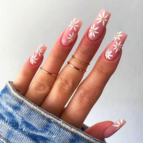 Brishow Cercueil Faux ongles Français Rose Faux ongles Fleurs Appuyez sur les ongles Glitter Stick sur les ongles 24pcs pour femmes et filles (b)