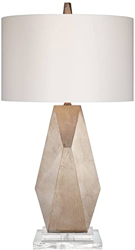 Possini Euro Design Modern Table Lamp with Acrylic Riser 32 1/2 Tall Champagne Gold Off-White Fabric Hardback Drum Shade Decor for Bedroom Living Bedside Nightstand Home Office Kids Room