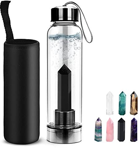 Tyuodna Water Healing Stones Bottle, Crystal Infusion Drinking Bottle, Healing Natural Water Bottle, Leak-Proof Quartz Crystal Glass, Crystal Therapy, Gemstone Bottle (Obsidian + Bottle)