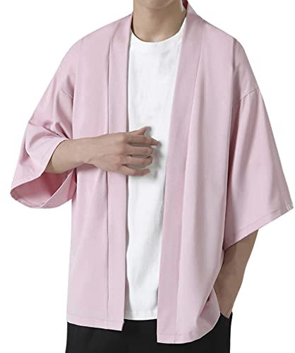 Camicia estiva maschile, kimono solido, mezza manica, elegante, senza spalline, maglia morbida, camicia da uomo, Colore: rosa., XXL