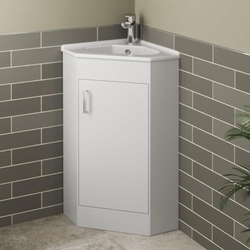 Affine® 585mm Corner Vanity Unit Basin Sink Bathroom Storage Cabinet Cupboard Freestanding, Single Tap Hole Ceramic Wash Basins, Soft Close Door, White Gloss