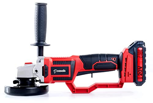 Casals - Amoladora Angular sin Cable 20V | 2.0Ah Ion Lithio | 7000rpm | Ø Disco 115mm | 2 posiciones Mango Goma Ergonómico | Doble Seguridad | Batería Extraíble e Intercambiable | Motor Brushless