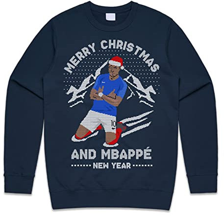 Sanfran Clothing Merry Christmas and Mbappe New Year Christmas Sweatshirt Xmas France Funny Football World Cup Jumper Sweater Medium/Navy Blue