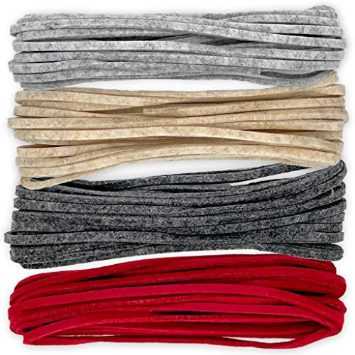 MIJOMA Set von 4 Filzbändern, Bastelfilz für DIY Handwerk & Dekoration, Ideal für Weihnachten, Hochzeit und festliche Anlässe, 4 x 500cm, 5mm Breite, Farben: Beige, Hellgrau, Grau, Rot