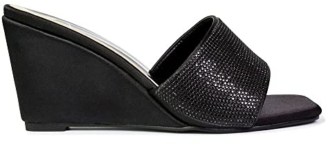 ESSEX GLAM Womens Diamante Low Wedge Heels Ladies Sparkly Square Toe Black Slip On Mules Size 3