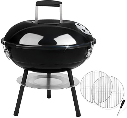 Joyfair - Parrilla de carbón con 2 estantes para parrilla, parrilla portátil pequeña de 14 pulgadas con tapa de bloqueo para acampar al aire libre, patio, barbacoa en el patio trasero, cocina de mesa,
