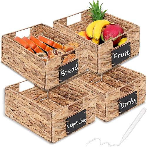 Rectangular Seagrass Baskets Hanging Storage Baskets Kitchen Storage Organizers,Foldable Water Hyacinth Basket,Woven Pantry Bin with Labels&White Chalk Markers,Set of 4 Pcs,10.8x9x4.9inch