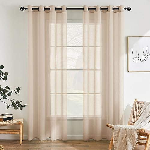 EMEMA 2er Set Sheer Voile Vorhang mit Ösen Transparente Gardine aus Voile Polyester Ösenschal Transparent Wohnzimmer Luftig Dekoschal für Schlafzimmer 140 X 225 cm (B x H) Beige