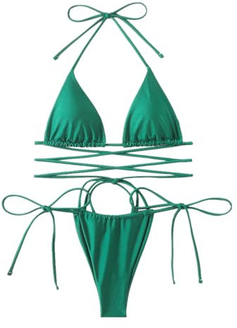 Teogneot Costume da Bagno Donna Due Pezzi Chic Regolabile Ties-up Triangolo Bikini con Tampone Toracico (Verde Scuro Taglia Unica)