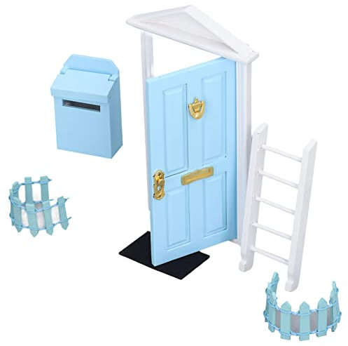 Mini Puerta de Hada de los Dientes de Madera 1:12, Decoración de Jardín de Hadas de Casa de Muñecas para Niñas (Azul)