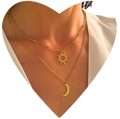 NataschaWoge® SONNE MOND minimalistischer Schmuck EDELSTAHL Gold Silber Kette Halskette + Anhänger Geschenk für Sie Hollow Sun Goldkette (Silber Halskette)