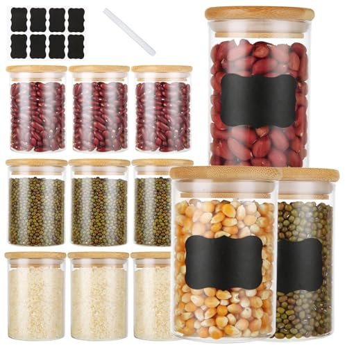 LDHHYH 12PCS Glass Jars with Bamboo Lids, 300ml Airtight Food Storage Jars, Glass Spice Jars Bamboo Lids Food Storage jars for Spice, Salt, Sugar, Seeds, Beans, Nuts