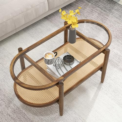 COSTWAY Mesa de Centro de 2 Niveles, Mesita Auxiliar para Salon con Tablero de Vidrio Templado y Estante de Ratán PE, Mesa de Café de Madera para Salon Oficina Dormitorio, 102 x 56 x 47 cm (Natural)