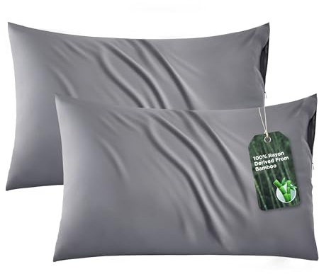 Bedsure Zipper Pillow Cases Queen, Cooling Pillow Cases Queen Size Set of 2, Rayon Derived from Bamboo Cooling Pillowcases for Hot Sleepers, Soft & PureWoven Pillow Covers, Dark Grey, 20x30 Inches