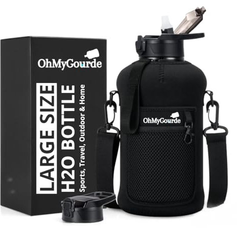 Gourde 2L avec pochettes de rangement et couvercle en paille - Gourde de sport sans BPA avec poches - Étanche - Gourde réutilisable avec sangle, poignée pour l'hydratation quotidienne