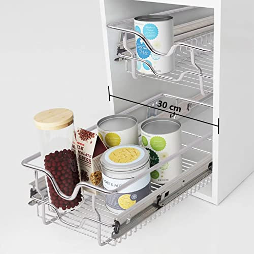 BaraSh Pull Out Wire Basket Kitchen Larder Base Unit Cupboard Storage Soft Close,Pull-Out Wire Baskets 2 pcs Silver 300 mm