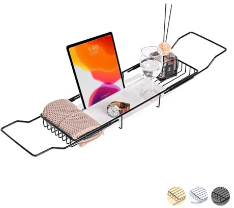MARBBNEST Bath Caddy Tray for Luxury Bathroom, Over Bath Racks with Natural Marble, Strong Expandable Chrome Polished Stainless Steel Bath Racks (Black + White)
