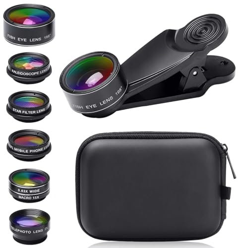 Mobile Phone Camera Lens Kit - 7 in 1 Kit with 198° Fish Eye, 0.63X Wide, 15X Macro, Kaleidoscope, 2X Telephoto & CPL Lenses for Most Smartphones
