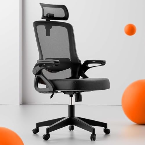 Tweakio Ergonomic Office Chair, S-Shaped Mesh Desk Chairs, Adjustable Headrest & Lumbar Support, 90°Flip-Up Armrest, Breathable High Back & Widened Cushion,Swivel Computer Chairs for Home/Study/Office