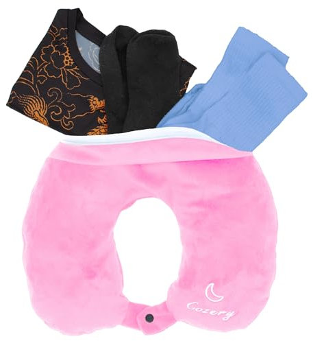 Cozery Reise Nackenkissen - Flugzeug Reisekissen befüllbar mit Kleidung - Waschbares Flug Kissen, Nackenhörnchen - Travel Neck Pillow - Handgepäck sparen, passend für 2 Tage Reisezubehör (Pink)