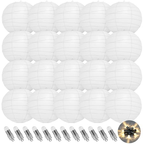 Encham Weiß Papierlaternen 30CM 20 Stück mit Warmweiß Ballonlichter für Hochzeitsdeko Feiertagen Hochzeiten Geburtstage Gartenparty Babyparty Innen und Außen Party deko