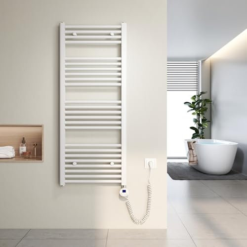 Heilmetz Seche Serviette Electrique 120x50cm Blanc 500W, Chauffe Serviette Salle de Bain Tube Droit, avec Thermostat Digital avec Fonction minuterie
