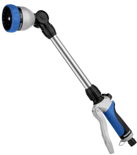 RESTMO Arroseur de Jardin en Métal, 42 cm de Long, avec Manche, Tête Pivotante à 180°, avec Contrôle du Débit, 7 Modes de Pulvérisation, Baguette Magique pour Suspensions de Fleurs et Arbustes, Bleu