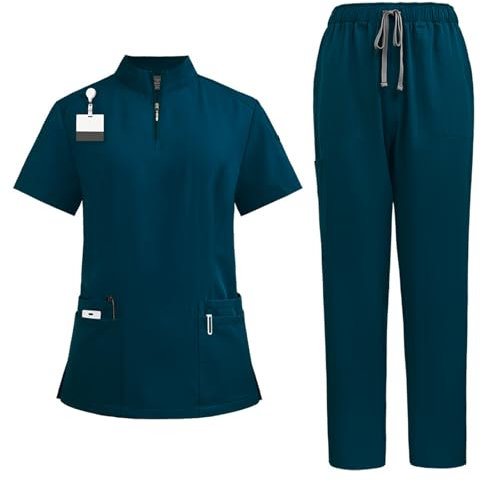 Meichoon Damen Medizinische Krankenpflege Uniform Kurzarm Kittel Set Stehkragen Reißverschluss Oberteil Kordelzug Stretch Yoga Hose Schweiß und Feuchtigkeitstransport DK50Cyan XXL