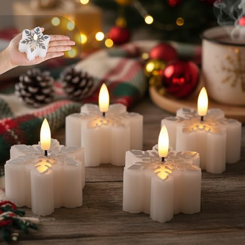 Fanna 4 Schneeflockeförmige Echtwachs LED Kerzen in Silber und Weiß, Flammenlose LED Votivkerzen für Weihnachten und Advent – D 7 cm