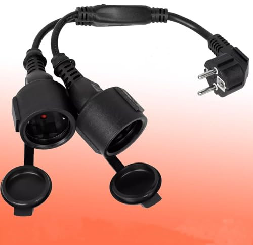 Verlängerungskabel mit Flachstecker, Doppelstecker für Steckdose mit 2 Fach Schuko Steckdosen, wasserdichtes Stromverlängerungskabel für den Außenbereich, 0.5M