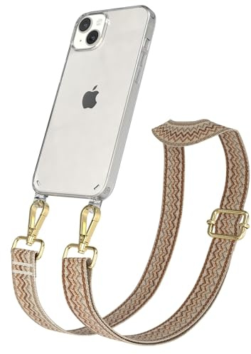 EAZY CASE Handykette - Verstellbares Taschenband kompatibel mit iPhone 14 Plus, Schulterriemen, Handykordel mit Silikon Hülle, Umhängetasche, Beige Braun Gold