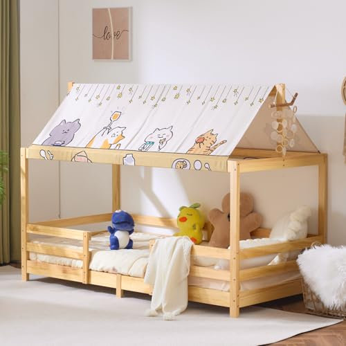 LEADZM Kinderbett Bodenbett Mit Stoffhimmel Hausbett Kinder inkl.mit Rausfallschutz und Lattenrost Jugendbett Holzbett Montessori Bodenbett bis 200 kg (Natur, 90x190cm)
