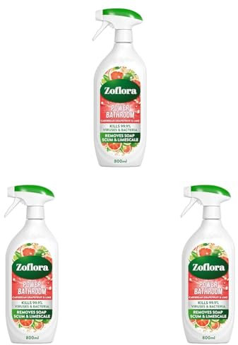 Zoflora Caribbean Grapefruit & Lime Power Bathroom Cleaner, 1 x 800ml, Removes Soap Scum & Limescale, Antibacterial Multi-Surface Bathroom Spray, Kills 99.9% of Bacteria & Viruses (Pack of 3)