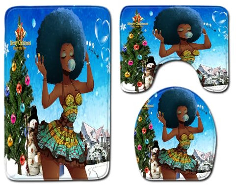 Bad Teppiche Set Weihnachten Grünes Mädchen Badezimmerteppich Waschbar WC Vorleger mit Ausschnitt und WC Deckelbezug 3 Teilig Badematte rutschfest Toilettensitzbezug Badgarnitur 45x75 cm