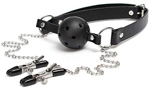 CUPIDO TOYS Bavaglio per Adulti con Pallina per Bocca (Ball Gag) e Catena con Morsetti Seno, Pinze Strizza Capezzoli, Morso per Bocca Sadomaso