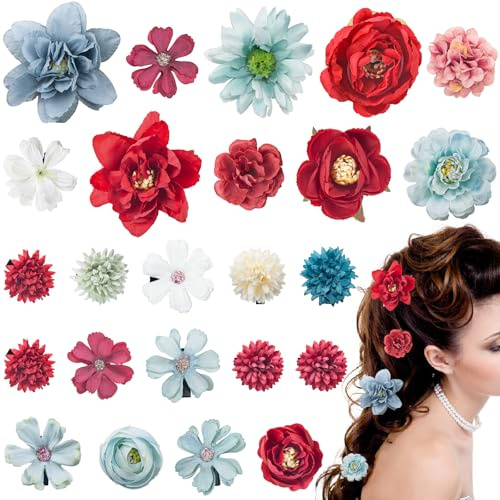 ELANE Haarspangen für Damen und Mädchen, Blumen-Accessoires mit kleinen Blumendetails, Rot + Blau, 24 Stück