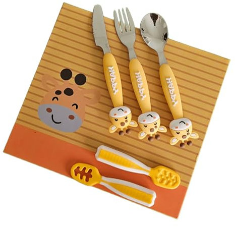 Set Couverts Bébé 1er Âge – Cuillères Silicone Souple & Inox – Ergonomiques et Faciles à Saisir – Design Girafe Ludique – Idée Cadeau Naissance Fille Garçon – Sans BPA