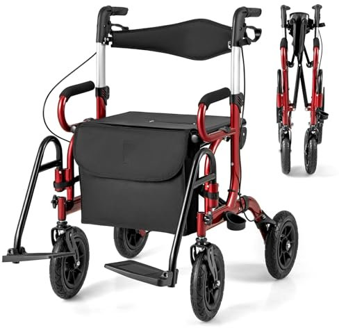 COSTWAY Rollator mit Luftbereifung, faltbar und leicht mit Sitz, 2 in 1 Rollstuhl & Reiserollator, Aluminium, bis 140 kg, Gehhilfe 6-fach höhenverstellbar, Gehwagen mit Tasche & Stockhalter (Rot)