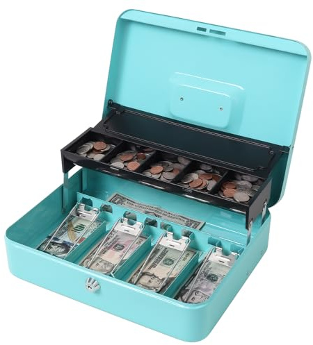 Jssmst Locking Metal Cash Box with Coin Lid, 11.8L x 9.5W x 3.5H Inches, Safe Money Box with Key Lock, Light Blue, SM-CB0519LB