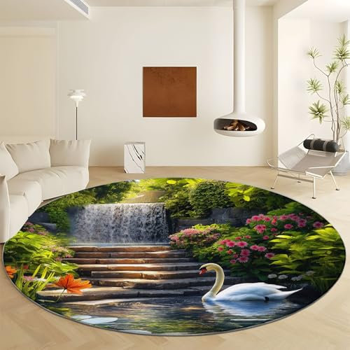 Natural Landscape Round Rug 180 cm for Living Room Bedroom, Pond Green Leaf Swan Non-Slip Round Area Rug, Machine Washable Floor Carpet Soft Short Pile Circle Carpets for Kids Room Decor