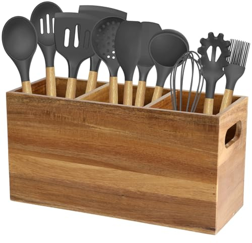 YOFAPA Large Wooden Utensil Holder, 3-Compartment Utensil Organizer for Kitchen, Farmhouse Natural Wood Storage Box, Cooking Utensil Caddy for Countertop