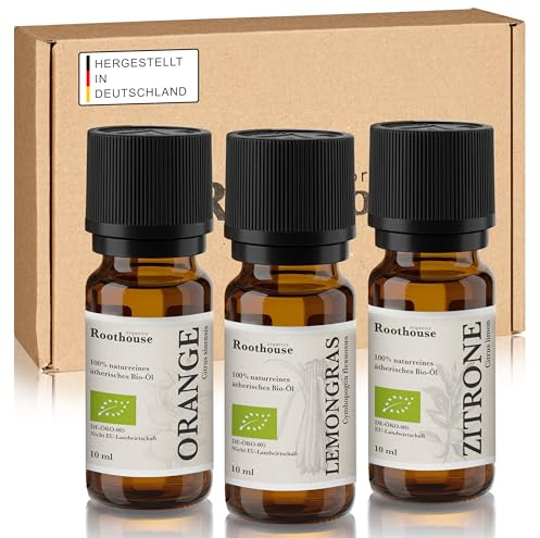 Roothouse-Organics® 3er Set-Zitruspower - 100% naturreine ätherische Bio Öle - Orangenöl + Zitronenöl + Lemongrasöl