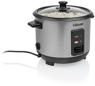 Tristar Olla Arrocera 1 L, Hasta 5 Raciones, Carcasa de Acero Inoxidable, Recipiente Antiadherente, Bandeja de Vapor, Función Mantener Caliente, 400 W, RK-6144