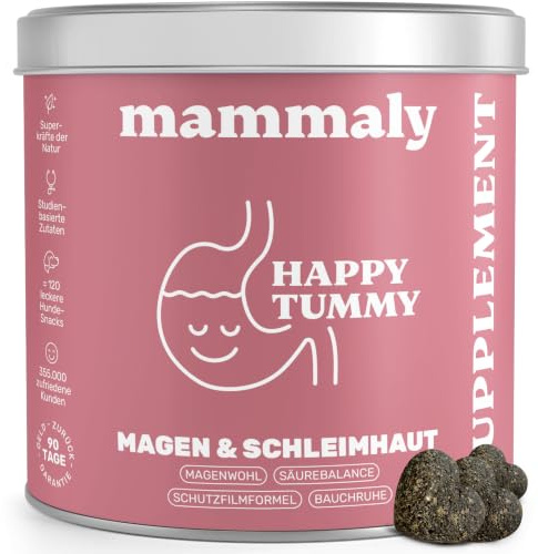 mammaly Happy Tummy® Gras und Kotfresser-Komplex (bis 60 Tage) | mit 120 Sodbrennen Drops für Magenschutz - mit Ulmenrinde, Probiotika, Kokosöl - DLG zertifiziert - mit Tierärzten entwickelt