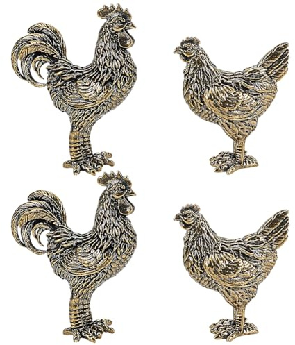 WEBEEDY 4 Stück 2 Stile Messing Hahn & Henne Figur Gold Vintage Tierfiguren Kleine Glückliche Hühnerstatue Für Zuhause Büro Garten Schreibtisch Bücherregal Dekor Einweihungsgeschenk