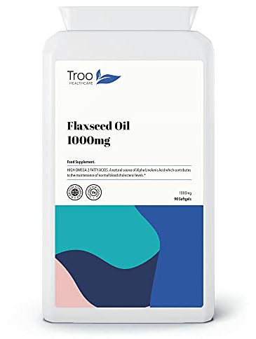 Troo Health Care Flaxseed Oil Supplement 1000mg | 90 Easy Swallow Vegan Capsules Using Cold Pressed Oil - Natural Source of Omega 3 Fatty Acids Including Alpha Linolenic Acid