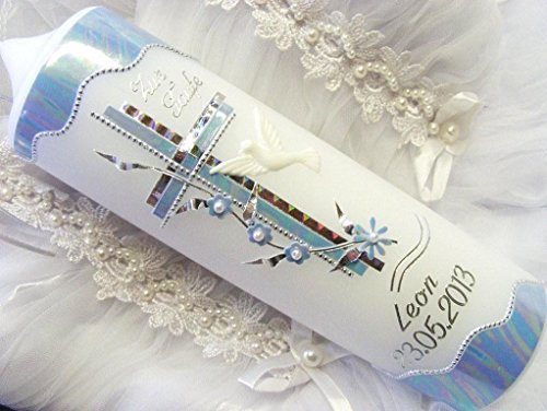 Taufkerze Kommunionkerze Junge Mädchen 300/60 mm T-343 inkl. Beschriftung